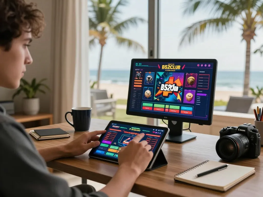 B52club player engaging with online casino on tablet in cozy home setting with a warm atmosphere