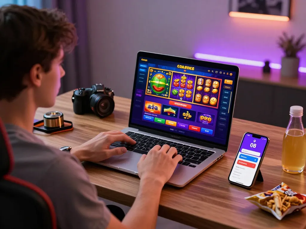 Engaging O8 gaming experience with online slots and sports betting in a modern home office.