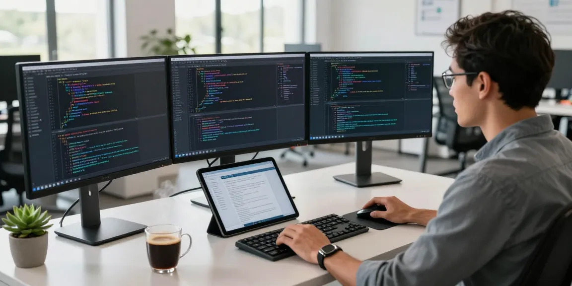 Software engineer reviewing code in a modern workspace, showcasing bdtjl and a collaborative environment.