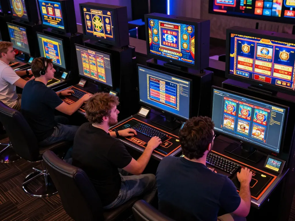 Players strategizing at Rajampo situs online casino, showcasing digital slot game excitement and responsible gaming.