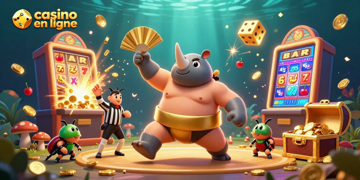 Vibrante scène avec un champion sumo rhinocéros jouant dans un casino en ligne, offrant des gains spectaculaires.