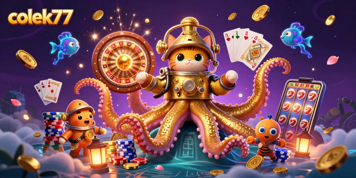 Experience thrilling games at colek77 with a dynamic scene featuring a colossal kraken, a diving cat, and casino elements.