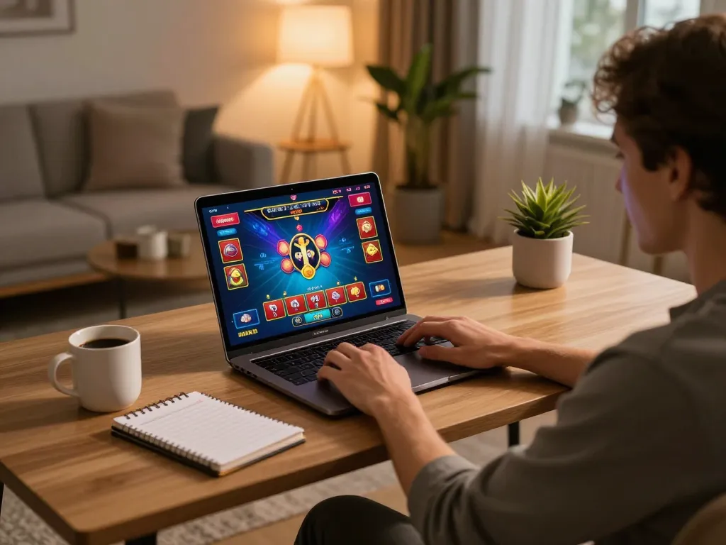 Engaging online gambling session at home with 98win interface and cozy decor