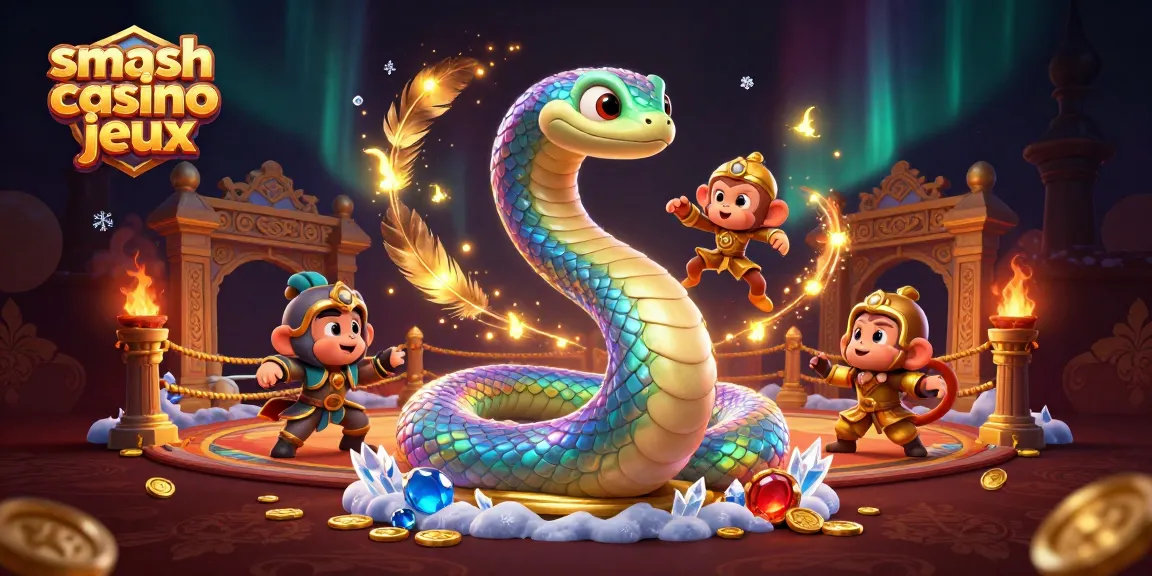 Découvrez les jeux Smash Casino avec un serpent arc-en-ciel et un roi singe dans une scène colorée.