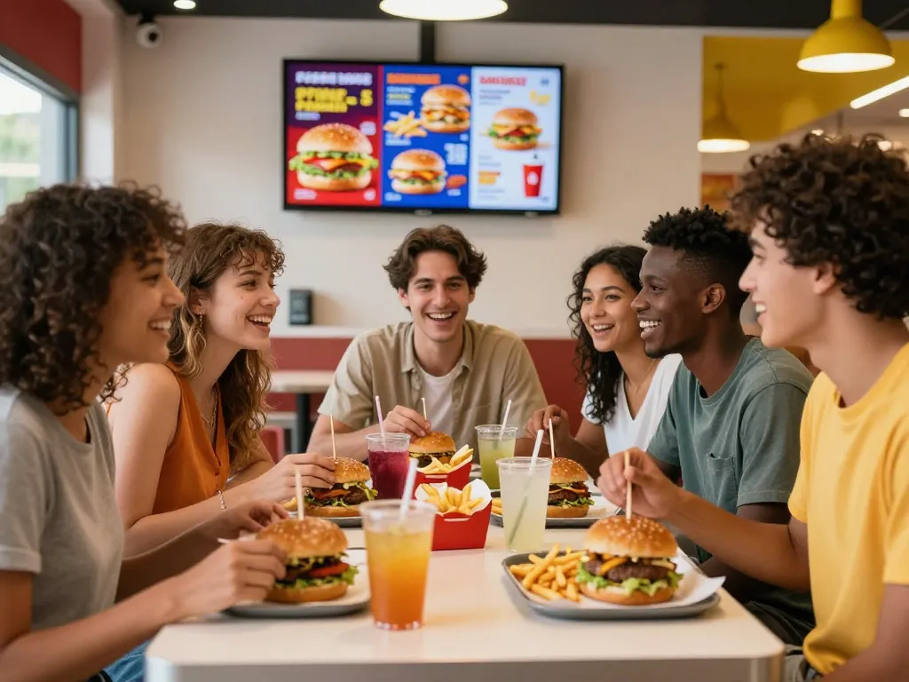 Friends enjoying a delicious fast food menu in a vibrant restaurant atmosphere