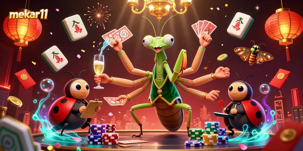 Experience the thrill of mekar11 in this vibrant 3D illustration of a giant praying mantis card sharp and ladybug pit boss.