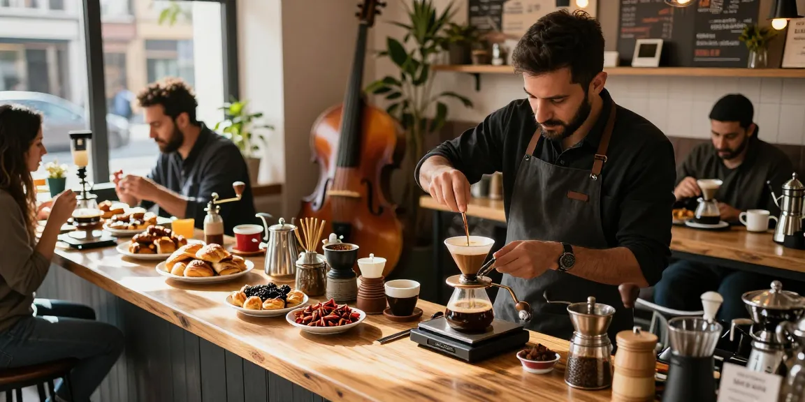 قهوجي يعد القهوة بينما تحيطه الروائح العطرة للمخبوزات في مقهى دافئ