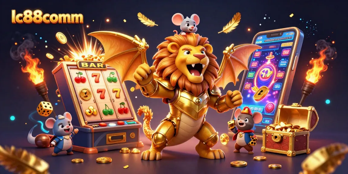 Play thrilling slot games on lc88comm with a vibrant 3D jackpot scene featuring golden rewards.