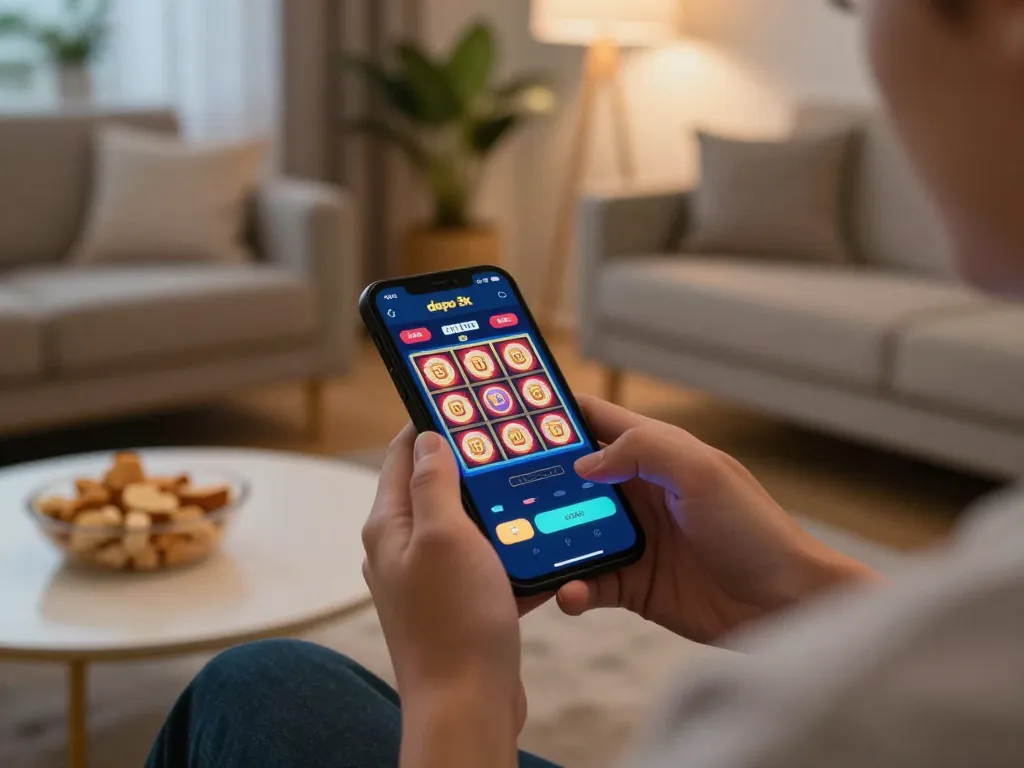 Person enjoying online slots through slot depo 3k app on smartphone in cozy home setting.