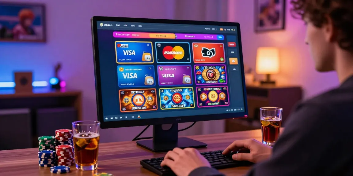 Exploring credit card casinos with Visa and Mastercard logos on display at a vibrant online gaming setup.