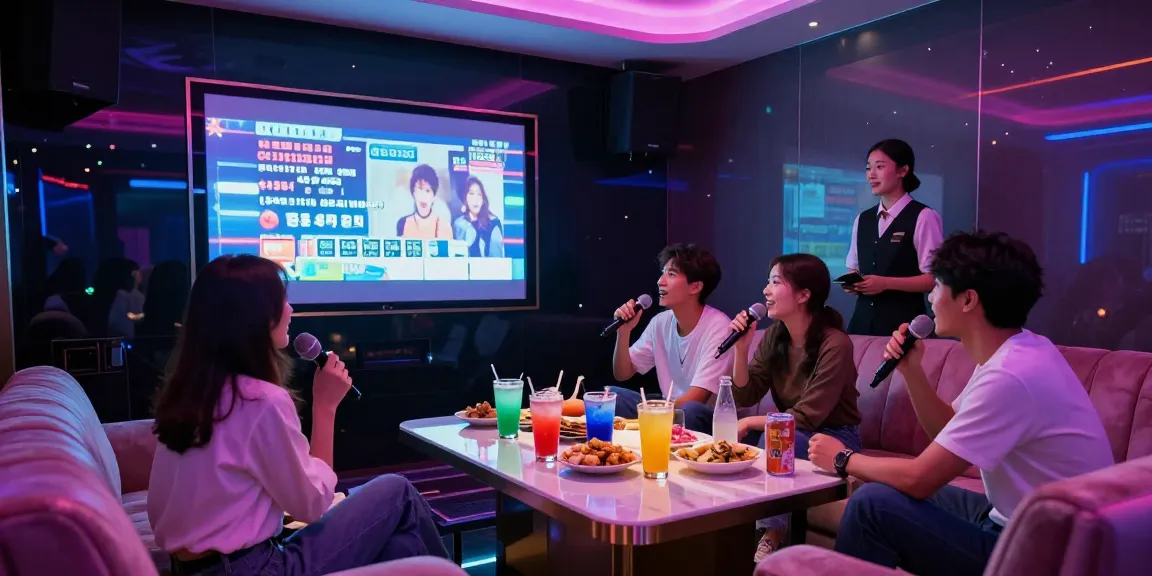 강남가라오케에서 친구들과 즐겁게 노래하는 모습, 화려한 조명과 고급 음료가 담긴 테이블이 돋보입니다.