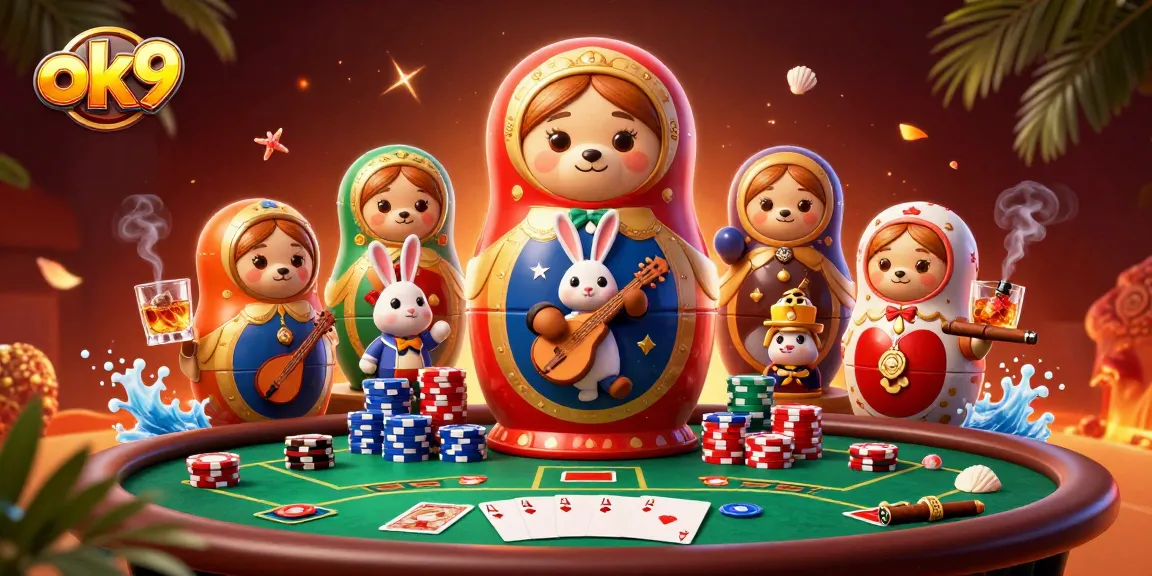 Play at ok9 casino with colorful dealer bears, vibrant poker elements, and dynamic gameplay.