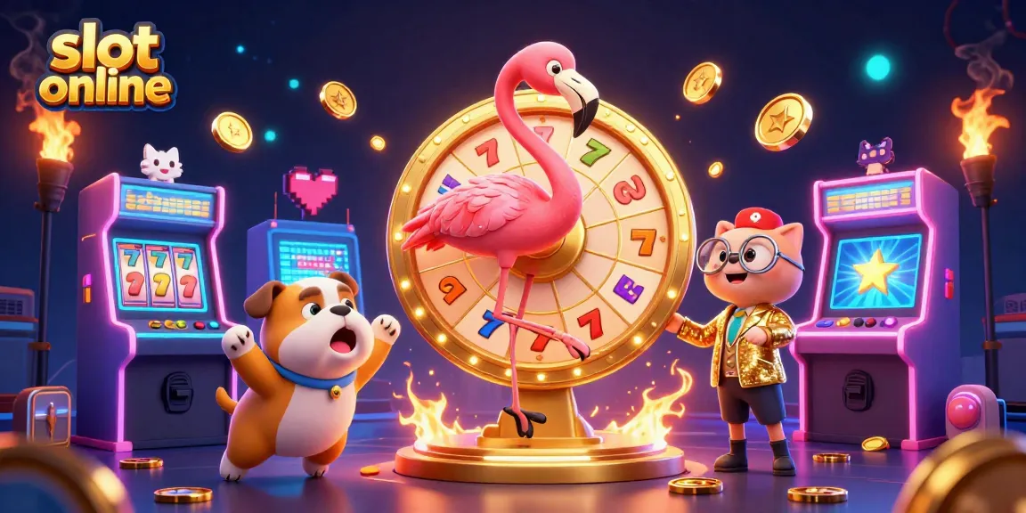 Menampilkan slot online dengan karakter kartun dan mesin slot berkilau, penuh warna dalam suasana kasino yang meriah.