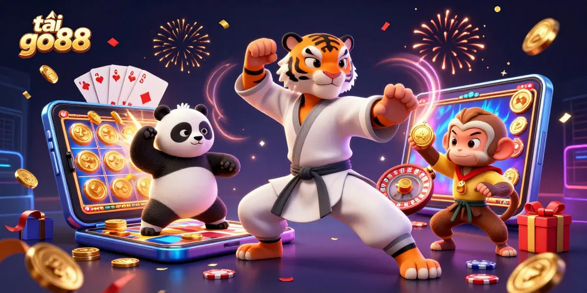 Experience the vibrant excitement of tải go88 with a joyful casino scene featuring playful characters.