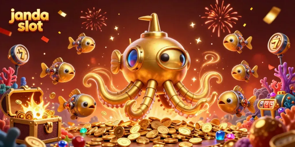 Ilustrasi janda slot menampilkan kraken emas dan ikan mekanik, dikelilingi harta karun dan simbol slot.