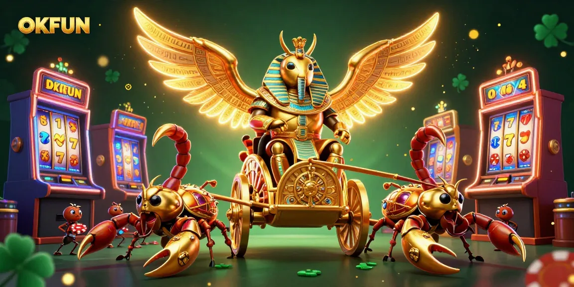 Play exciting slot games at OKFUN with vibrant characters and casino elements in a magical setting.