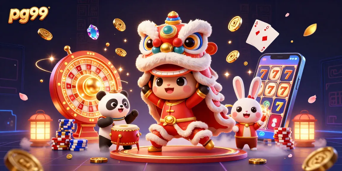 Experience the excitement at pg99 with vibrant casino games illustrated in a lively 3D scene featuring festive characters and flying treasures.