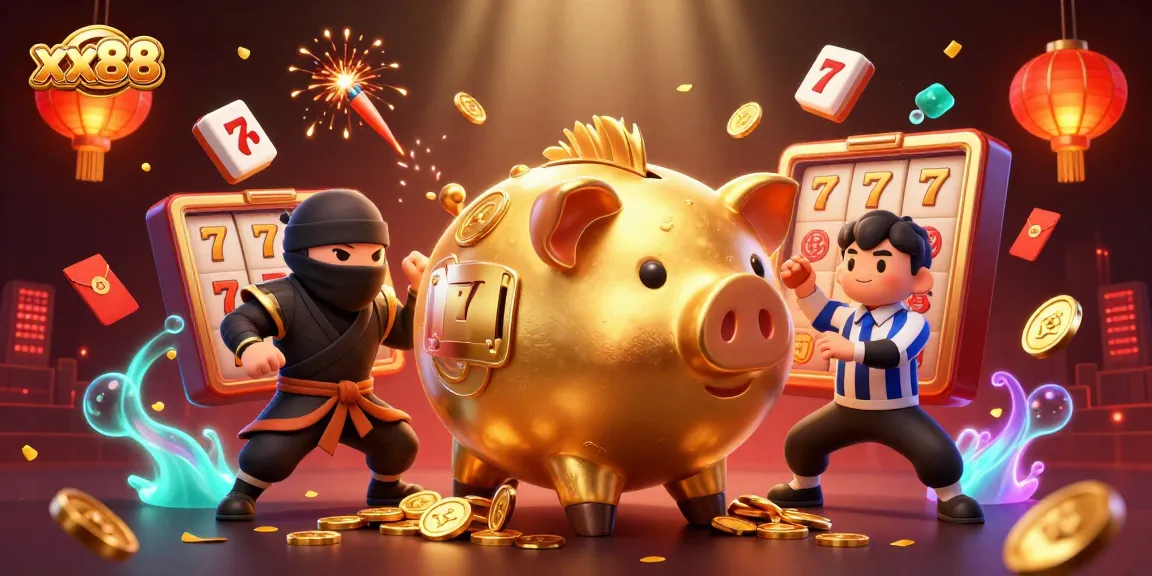 Experience thrilling wins at xx88 with this dynamic casino scene featuring a piggy bank sumo wrestler.