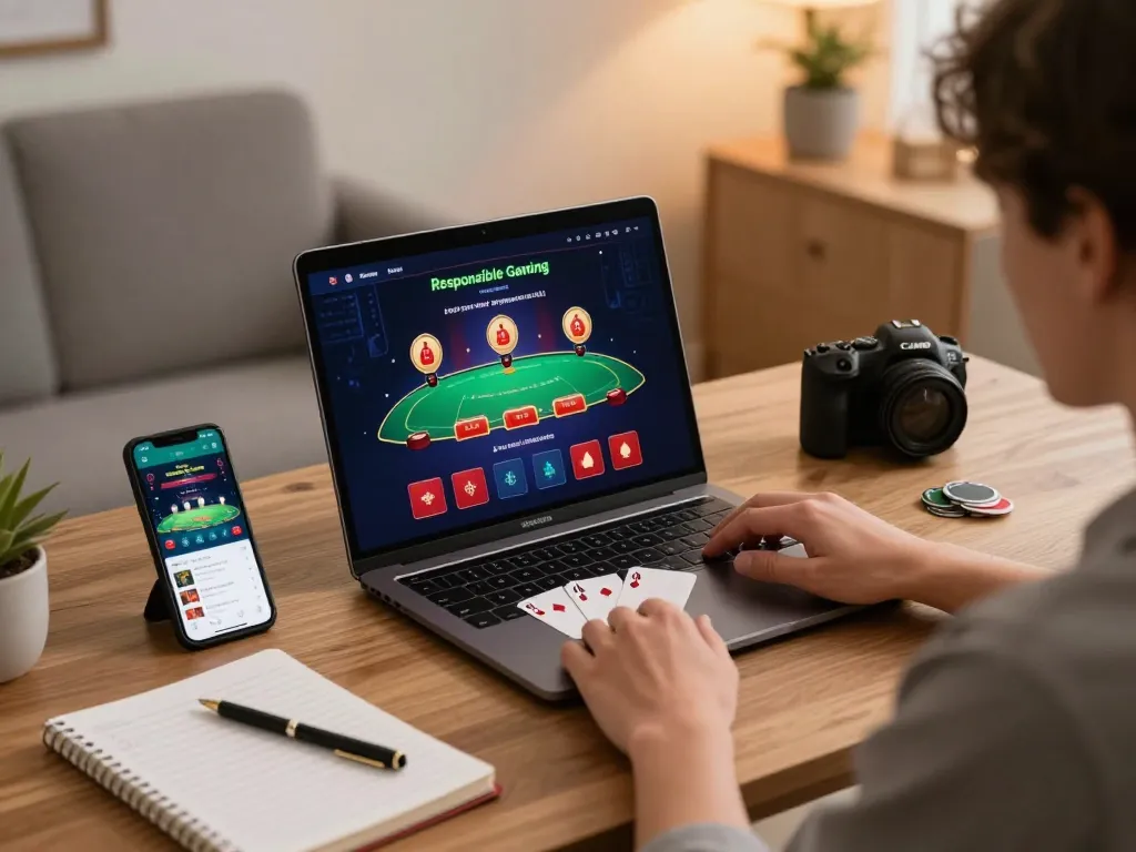Person engaging in live dealer blackjack on a laptop with uk88 betting strategy notes nearby in stylish home office.