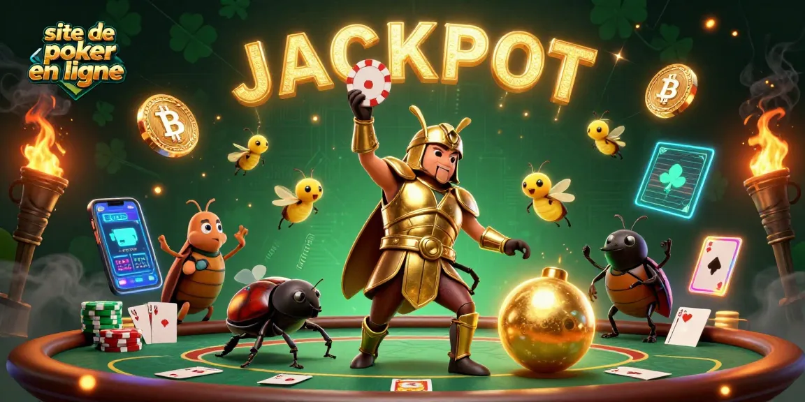Jouez au poker en ligne avec des personnages en 3D dans une scène pleine de jetons, tables et énergie JACKPOT.