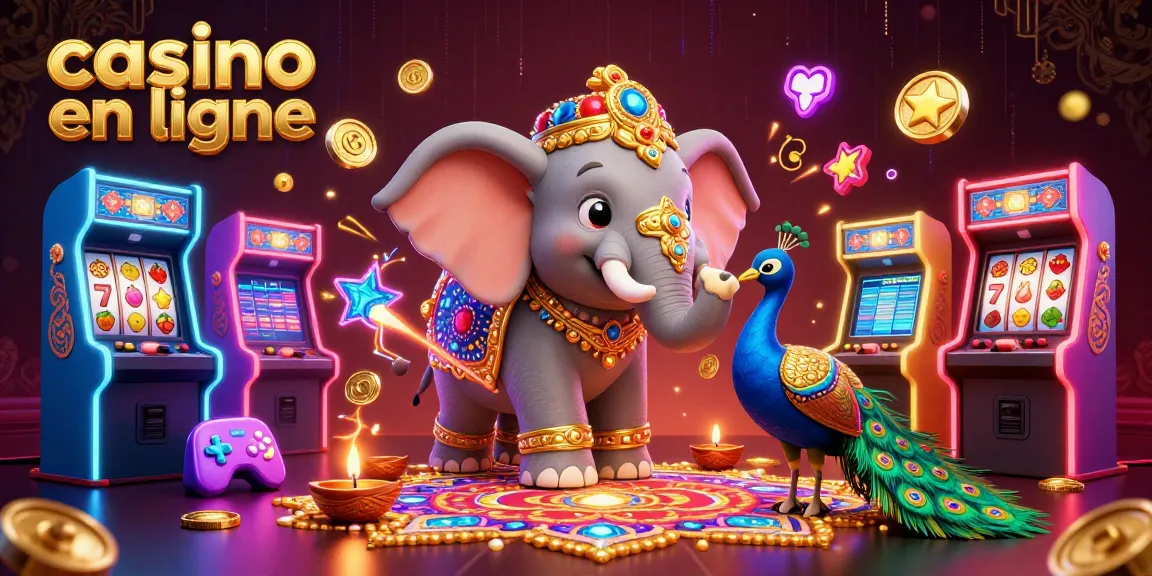 Illustration colorée d'un casino en ligne avec un éléphant et un paon sous fond festif