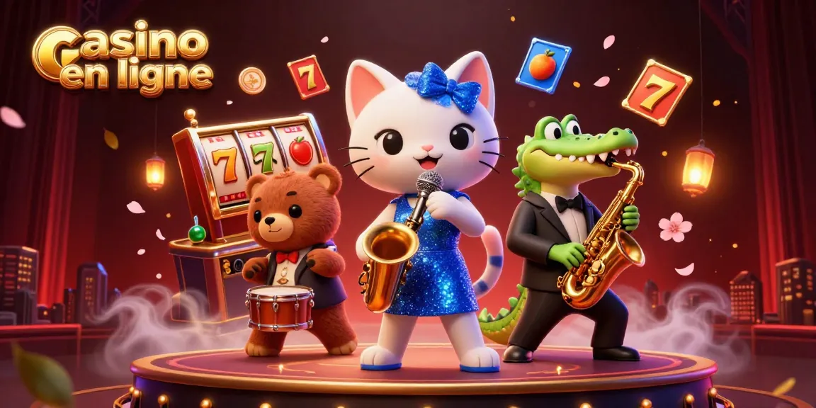 Une scène vibrante avec un jazz-man chat chantant dans un casino en ligne, entouré de pièces d'or et de jackpots.
