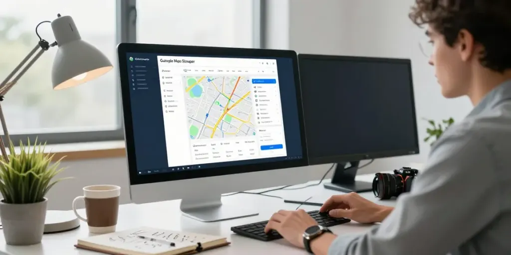 Using Outscraper Google Maps Scraper for data analysis in a modern office.