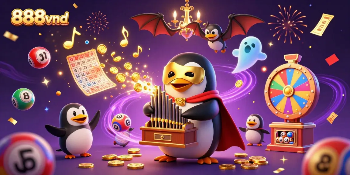 Experience excitement at 888vnd with a whimsical penguin playing music while coins fly in a vibrant casino scene.