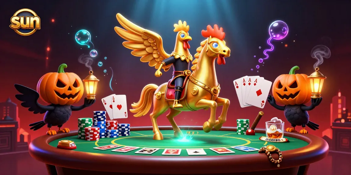 Play sun-themed poker games with a golden rooster avatar in a vibrant casino scene