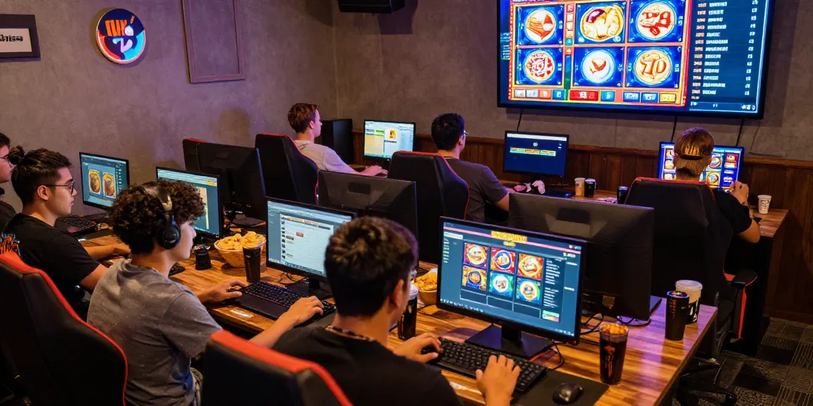 Nagahitam303 Slot gaming session with players enjoying vibrant screen displays in a lively lounge.