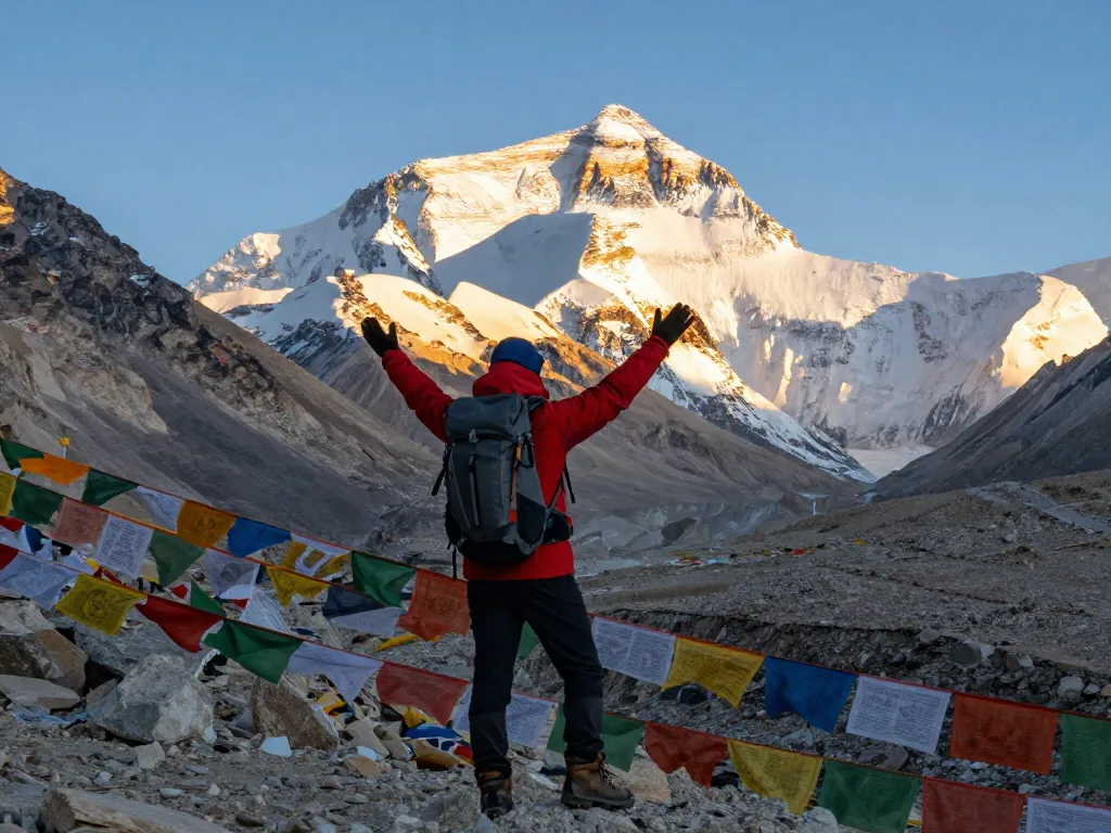 Traveler celebrating at Everest Base Camp during sunrise, capturing the adventure spirit of Everest Base Camp Trek.