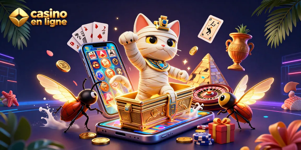 Un jeu captivant de casino en ligne avec un chat momie en Égypte, un scarabée doré et des cartes anciennes flottantes.