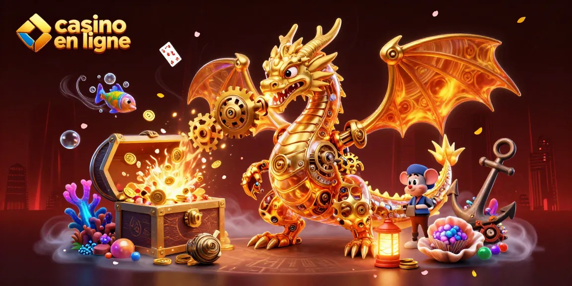 Profitez d'une aventure captivante avec un casino en ligne, découvrez un dragon mécanique doré entouré de trésors et de jeux.