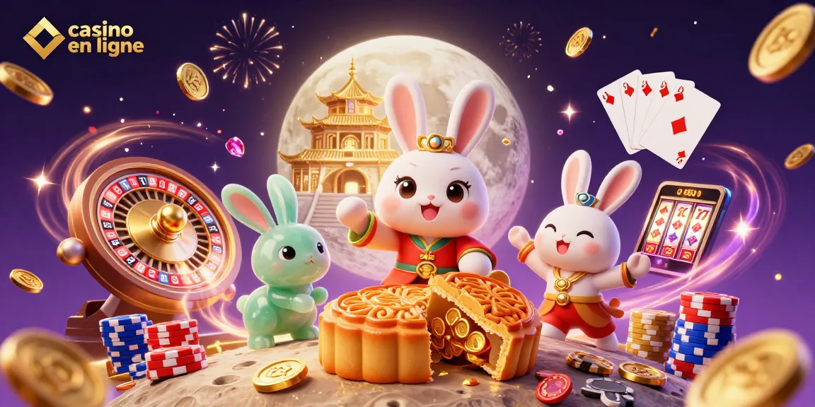 Illustration dynamique de casino en ligne avec un lapin lunaire et des jetons de poker révélés.