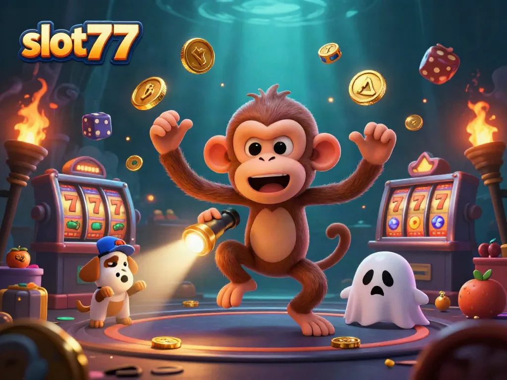 Mainan slot777 dengan hantu lucu dan koin emas bersinar di kasino yang menyeramkan.
