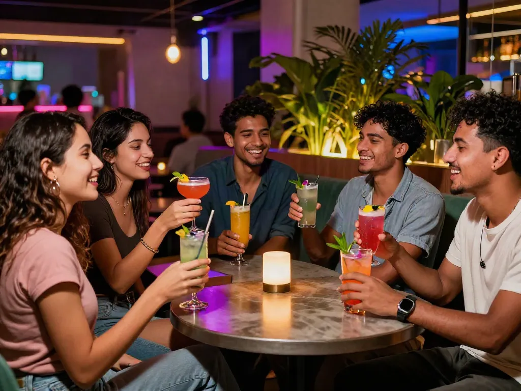 Friends enjoying vibrant nightlife at a trendy lounge related to rokok 88.