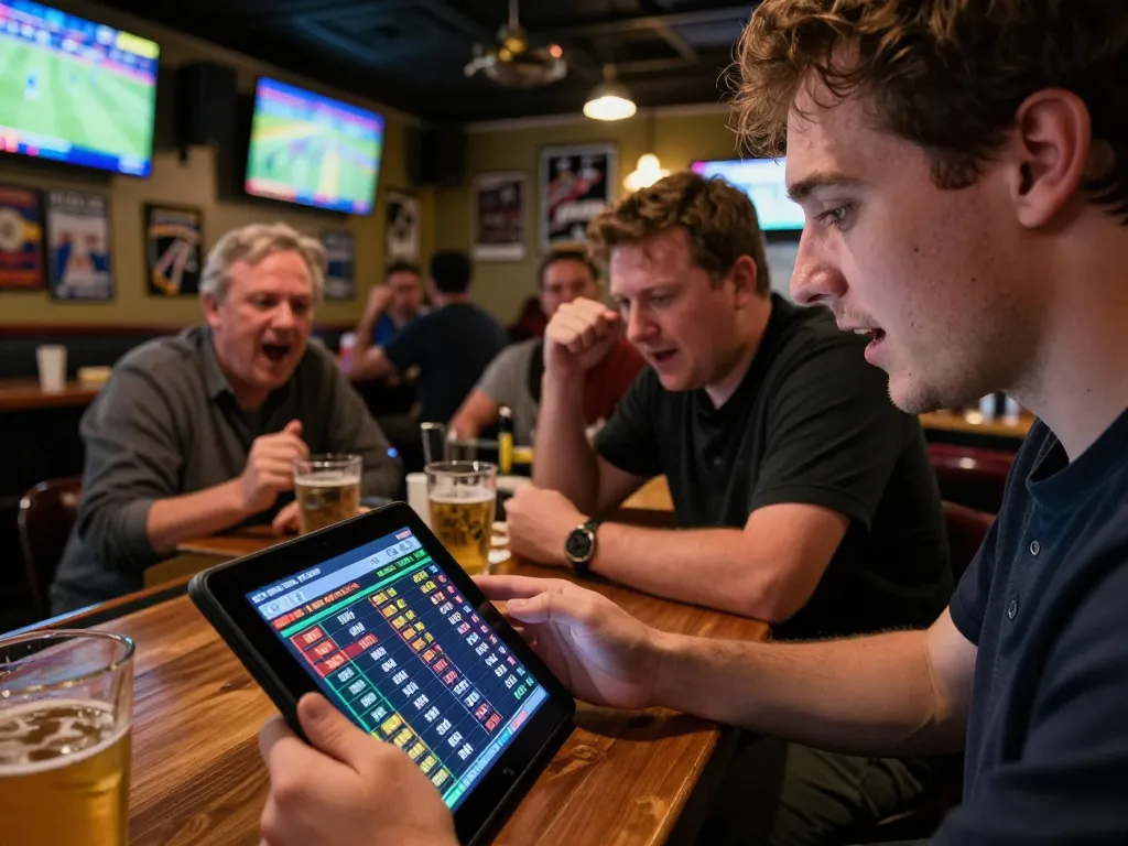 Exciting sports betting experience on tablets at online casinos in Canada in a lively sports bar.