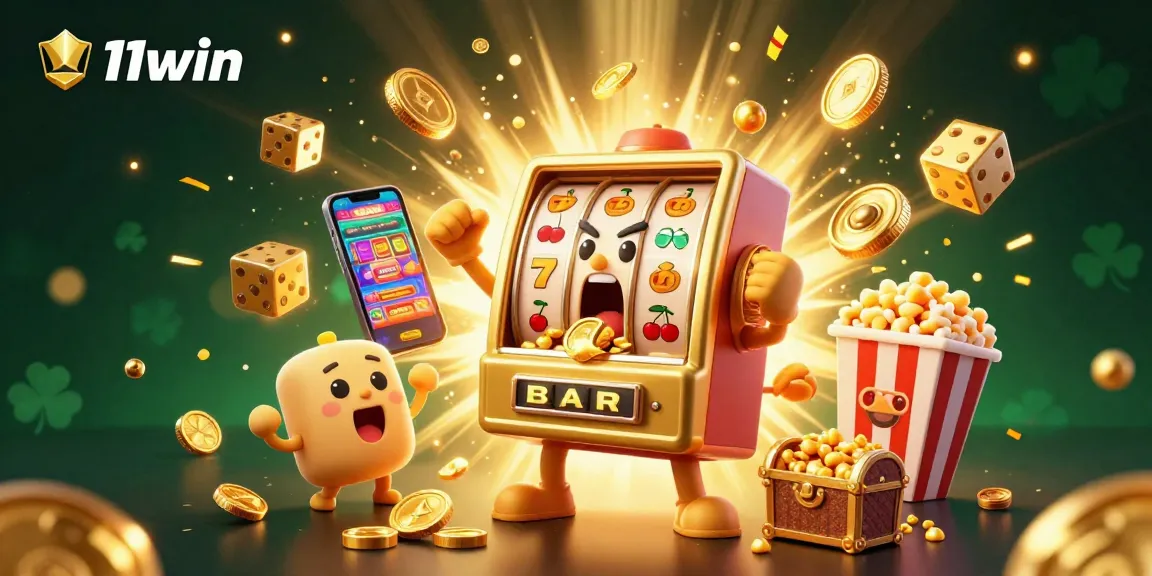 11win slot machine hits the jackpot, surrounded by cheerful baby slots and golden popcorn.