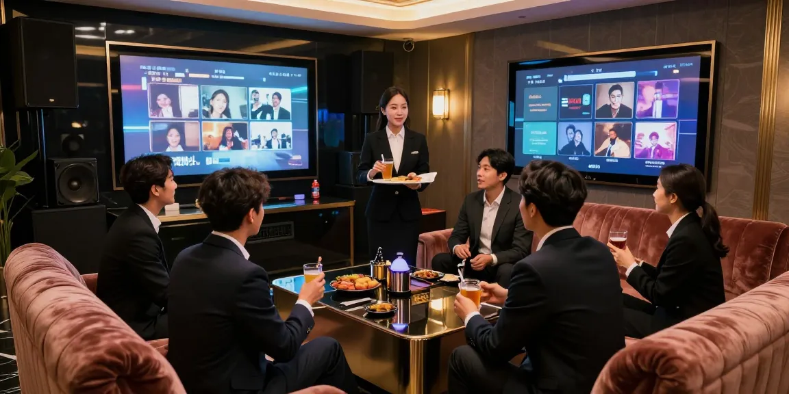 강남구구단의 고급스러운 노래방에서 비즈니스 고객들이 즐거운 대화를 나누는 모습