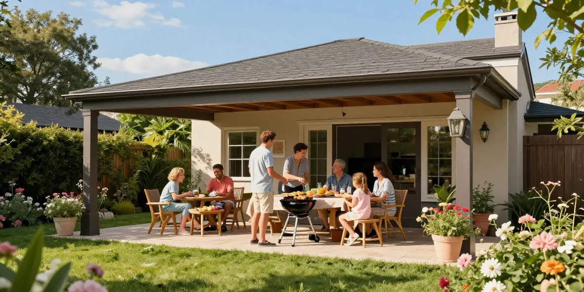 Terrassenüberdachung freistehend im Garten mit Familie beim Grillen.