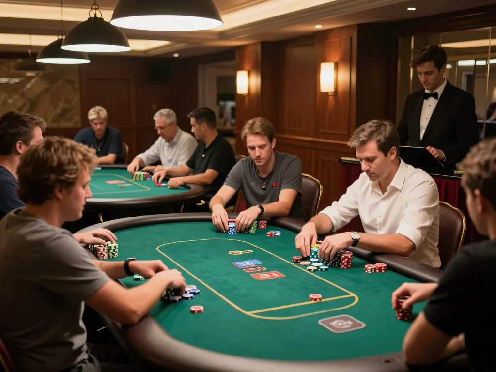 Players engaged in strategic poker gameplay at a luxurious casino, nhacaiuytinn showcasing excitement and elegance