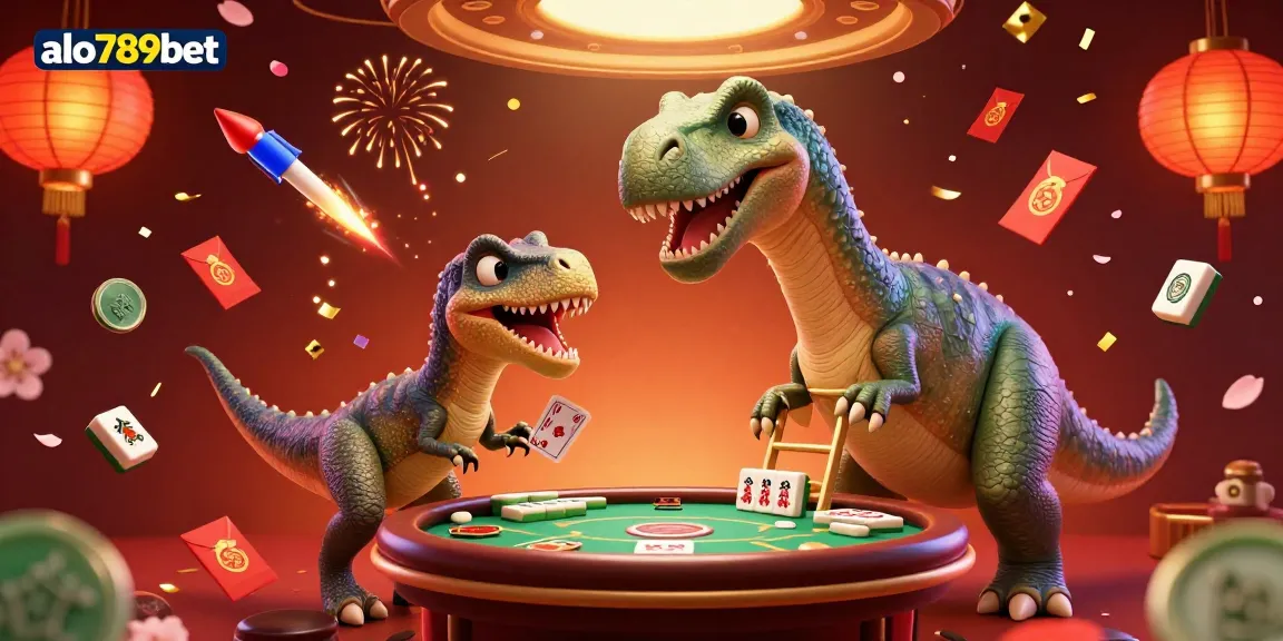 Engage with the thrilling world of alo789bet as a towering dinosaur oversees a lively poker game while confetti rains down.