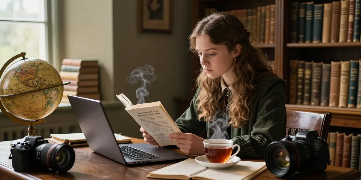 Engaging reading experience at https://tyntescastle.com with a young woman in a library, exploring historical narratives.