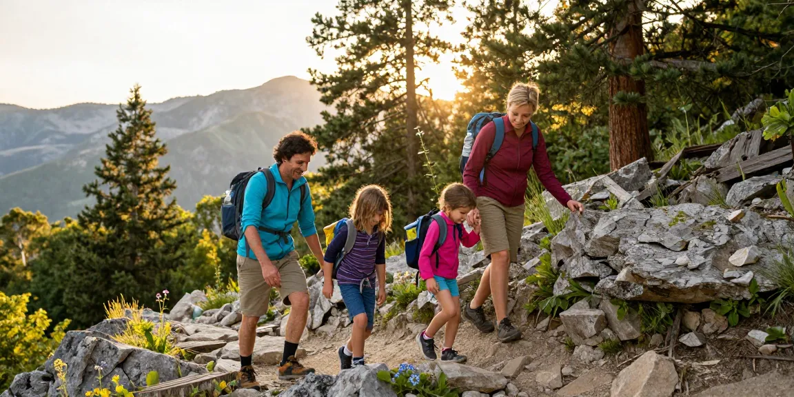 A family adventure at a mountain trail, showcasing mantra88 spirit of exploration and connection with nature during sunset.