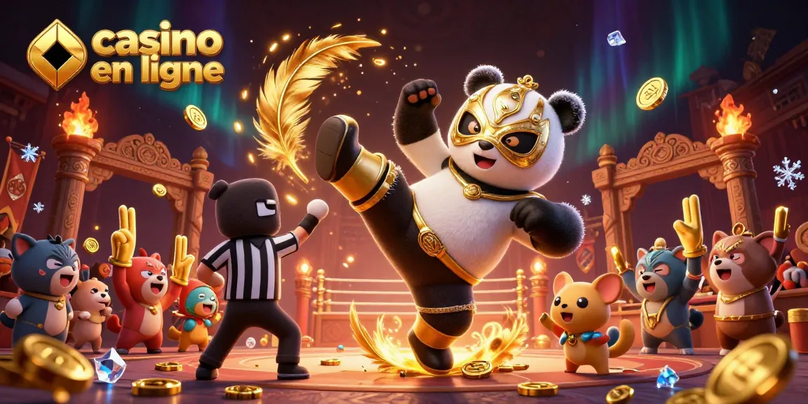 Pariez sur le casino en ligne avec le panda lutteur et le chihuahua arbitre sous une ambiance extravagante.