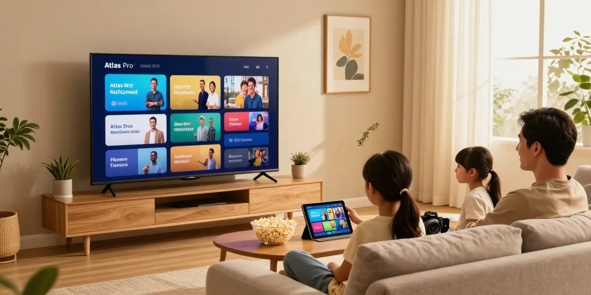 Family enjoying Atlas Pro ONTV on a smart TV in a cozy living room setting.