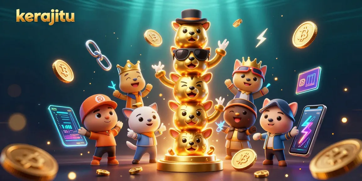 Engage with kerajitu's vibrant 3D casino scene featuring a golden totem pole and cryptocurrency elements