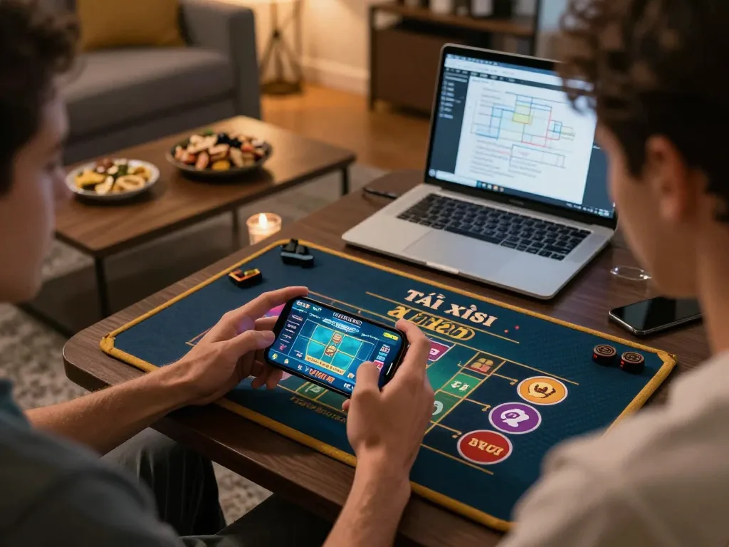 Player enjoying an engaging tài xỉu game on smartphone, reflecting the thrill of online gambling in a cozy setting.