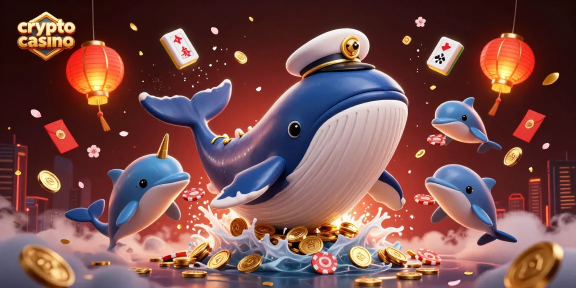 Scopri il crypto casino attraverso una divertente illustrazione di baleniere e delfini che giocano con gettoni.