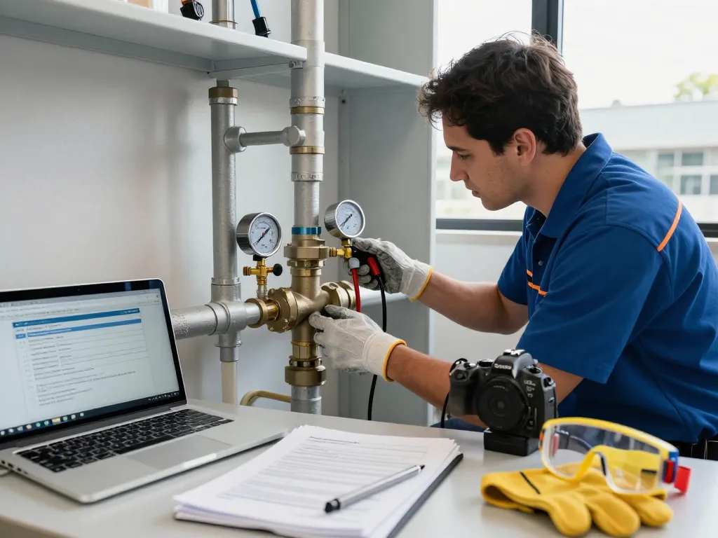 Backflow plumber conducting an inspection on a backflow prevention device at a Sydney commercial site, ensuring water safety compliance.